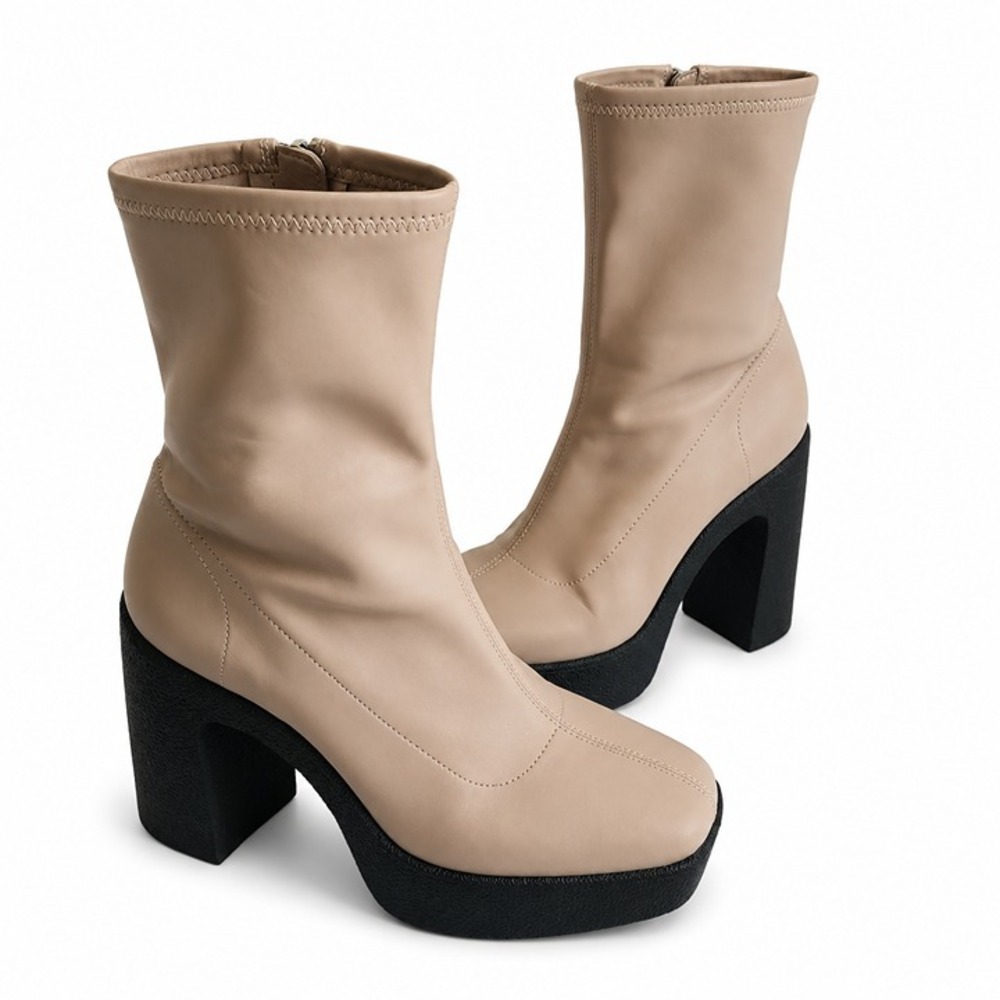 Gianni Bini Nude Platform Ankle Boots Women's Size 8 Chunky Block Heel Square To